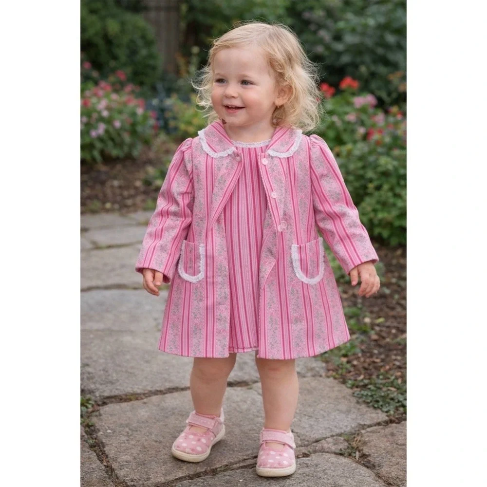 Vtg 60s‎ 70's Girls 2T Pink Striped Flower power Dress Jacket Set Easter Spring